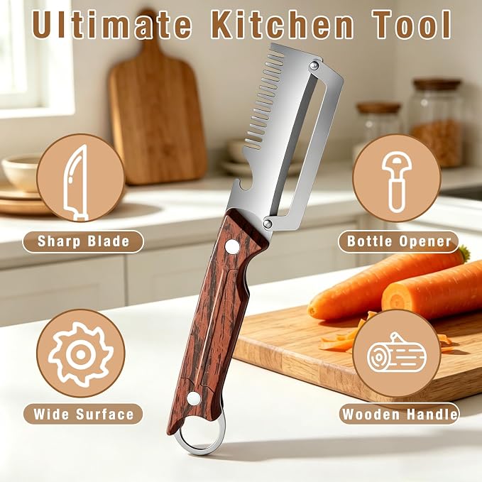 2Pcs 3-1 Multi-functional Vegetable Peeler,New Ktchen Multi-function Stainless Steel Thickened Fruit Peeler Knife with Wooden Handle and Bottle Opener for Vegetables or Fruits that Need to Be Peeled