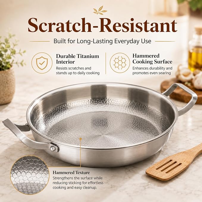 Titanium Hammered Pan, 2026 New Upgrade Double Handle Non Stick Titanium Pans for Cooking, Ultra-Durable, Scratch-Resistant, Even Heating Frying pans, Compatible With All Cooktops,No lid,10.2