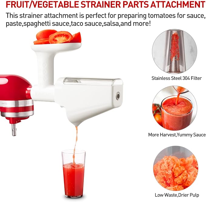 Fruit & Vegetable Strainer Attachment Set for KitchenAid - Includes Food Grinder Attachment and Sausage Stuffer Tubes, Compatible with KitchenAid Stand Mixers