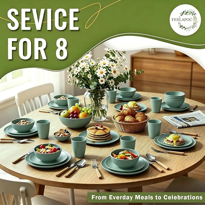 Wheat Straw Dinnerware Sets 40 PCS Unbreakable Dishes Set for Kitchen, Outdoor, Camping Dishes Plates and Bowls Sets with Cups, Dessert Plates, Dishwasher & Microwave Safe - Green