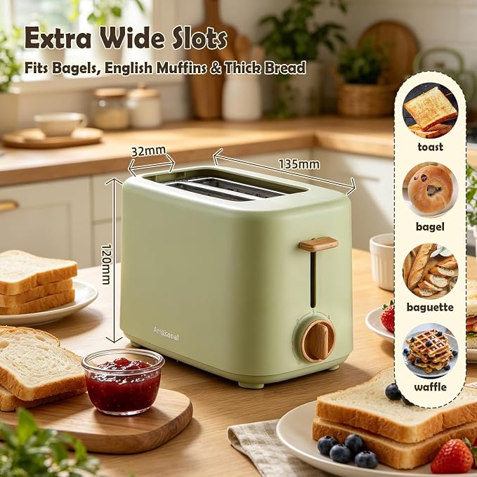 2 Slice Retro Toaster with Anti-dust Cover, 6 Browning Settings, Extra Wide Slots for Bagel & English Muffin, Removable Crumb Tray, Mini Household Bread Toaster