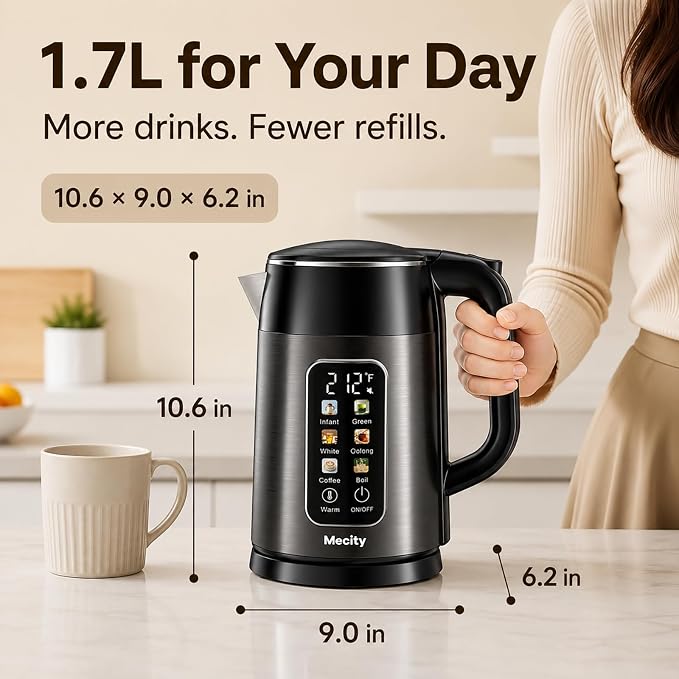 Mecity Electric Kettle 1.7L Touch Screen Temperature Control Water Boiler, No Plastic Contact with Water. 6 Preset Temperature Programs, 2 Hours Keep Warm, Auto Shut Off, Dark Grey