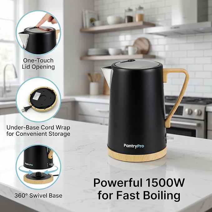 PantryPro 1.7L 1500W Rapid-Boil Electric Kettle - Stainless Steel Interior - Auto Shut-Off, Boil-Dry Protection, LED Indicator, Wide Opening - Black