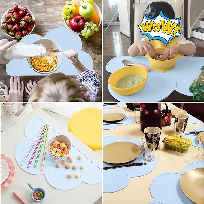 Kids Placemats, Silicone Placemats for Kids Baby Toddlers, Portable Food Mat, Reusable Placemats for Home, Restaurant, Travel and High Chairs-Easy to Clean and Roll Up Light Blue