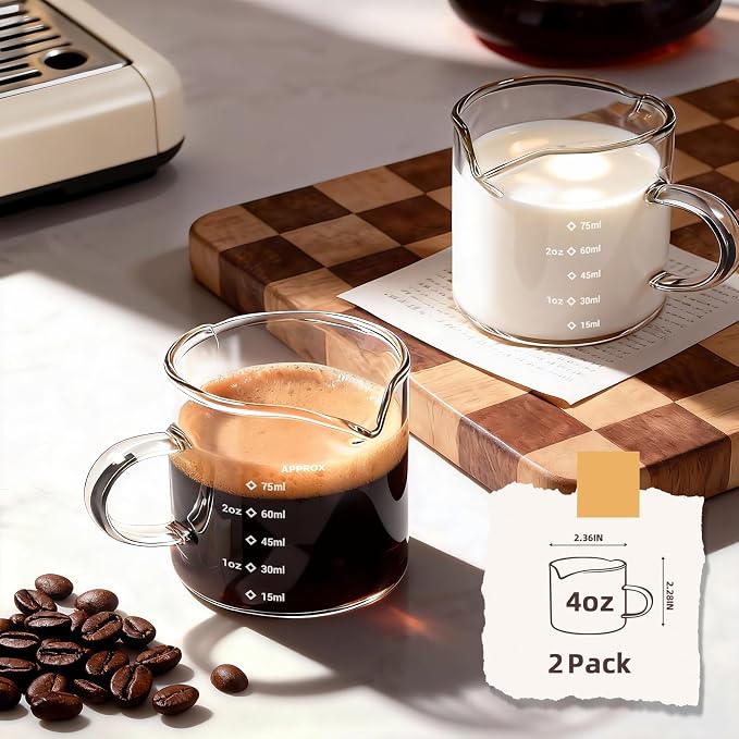 Espresso Cups Set of 2: Espresso Machine Accessories - Dual Scale Glass Measuring Cup and Espresso Shot Cups - Essential Coffee Bar Accessories - 4oz Glass Espresso Cup Set with Handled and Spout