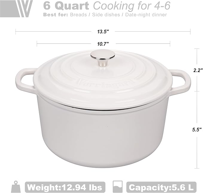 Enameled Cast Iron Dutch Oven Pot with Lid, for Sourdough Bread Baking, Round Dutch Ovens, 6 Quart, White