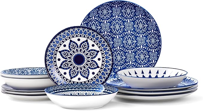 Bestone Porcelain Dinnerware Sets Service for 4, 12 pcs Hand drawn Plates and Bowls Sets, Handmade Ceramic Dish Set, Chip Resistant Modern Plate Set, Dishwasher/Microwave Safe，Vintage Blue