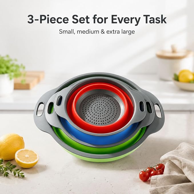 Collapsible Colander Set, 3 Pack Silicone Kitchen Strainer Set, Space Saving Design, Small Round Colander Baskets for Draining Pasta, Vegetable and fruit, (3Qt+4Qt+5Qt)