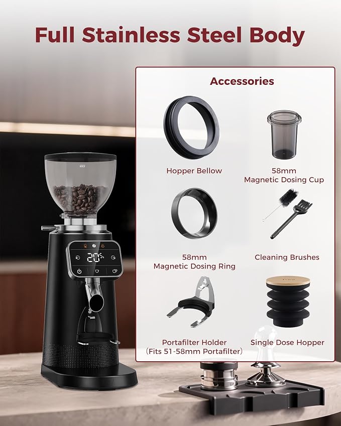 Tuni G3 64mm Flat Burr Coffee Grinder with 100 Grind Settings, Black | Electric Espresso Grinder with Single Dose, Commercial Grade, Anti-Static Tech, Touchscreen Display, Stainless Steel