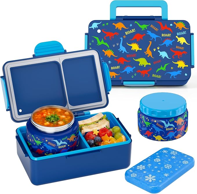 Dinosaur Bento Lunch Box for Kids – 12 oz Stainless‑Steel Soup& 3‑Compartment Leak‑Proof Food Container with Built‑In Ice Pack, Insulated Food Jar for Boys & Girls, School & Travel
