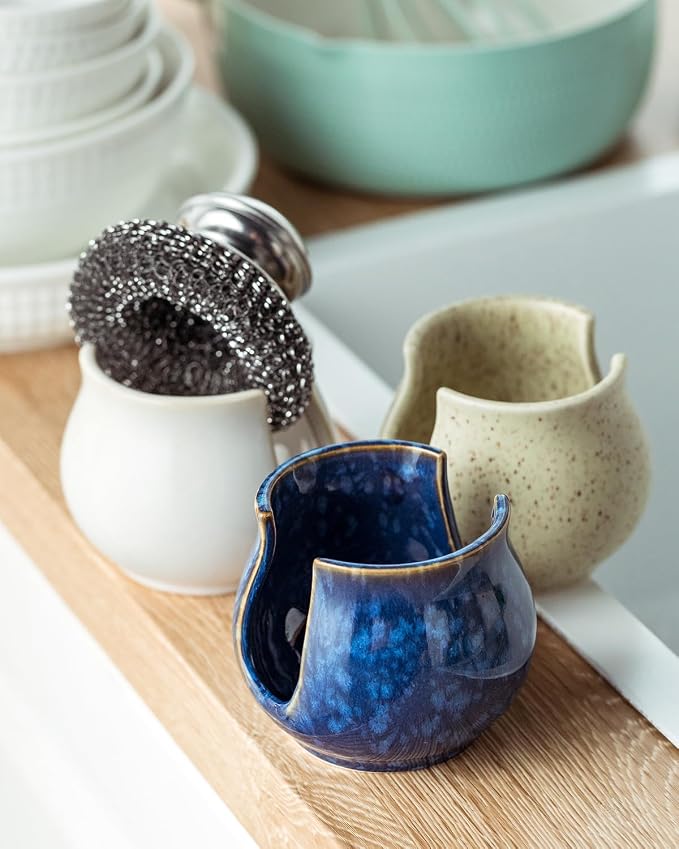 Zoeeker Ceramic Sponge Holder, Kitchen Sink Scrubby Caddy Organizer Dish Sponge Dish Rack for Scrubbers, Bathroom, Sink, Blue | Dish Brush Holder Sponge Organizer Cute Scrubby Caddy for Kitchen, Bathroom, Sink, Countertop, Farmhouse Kitchen Decor, Blue