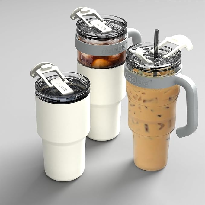 asobu Extra Large Travel Explorer Tumbler for Hot and Cold with Stainless Steel Removable Coffee Mug Sleeve - Straw and Flip Open Sip Spout, 34 oz / 25 oz (White)