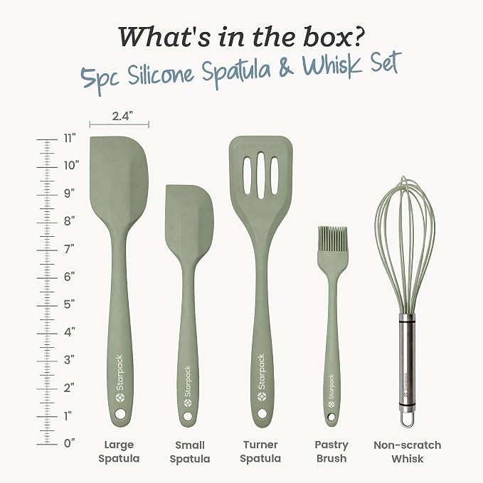 Starpack Flip and Whip Silicone Baking Utensils Set (5-Piece) - LFGB Non Toxic, 600°F Heat Resistant, BPA-Free - Whisk and Rubber Spatula Set with Pastry Brush - Dishwasher Safe, Nonstick Sage Green