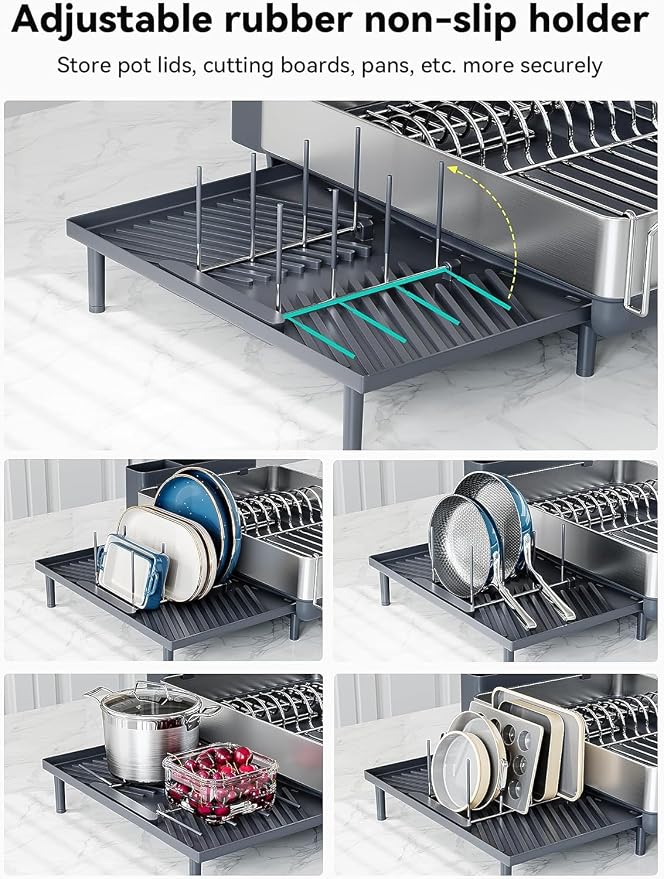 Large Dish Drying Rack, Expandable Dish Racks for Kitchen Counter, Space Saving 304 Stainless Steel Drying Rack Kitchen, Extra Large Drainer with Multifunctional Flip Up Pegs, Gray