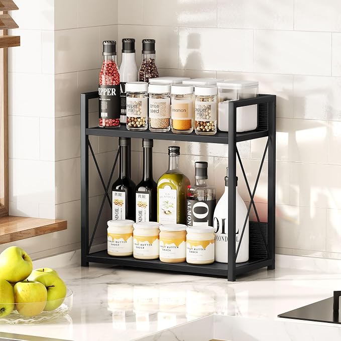 Giikin Kitchen Countertop Organizer, 2 Tier Coffee Bar Organizer, Black Spice Rack for Counter, Kitchen Counter Shelves, Particleboard,15.8" L x 7.9" W x 15.8" H (Black, L)