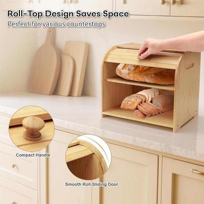 Bread Box for Kitchen Countertop, Double Layer Bamboo Bread Storage Container for Homemade Bread, Roll Top Bread Box with 3 Adjustable Height for Kitchen Counter, Natural Breadbox Organizer | 3 Adjustable Height, Large Capacity, Bamboo Bread Storage Co...