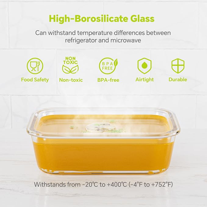 3-Pack 35 oz Borosilicate Glass Food Storage Containers with Lids, Stackable Airtight Glass Meal Prep Containers for Lunch & Leftover, BPA-Free & Leak Proof, for Microwave, Oven, Dishwasher