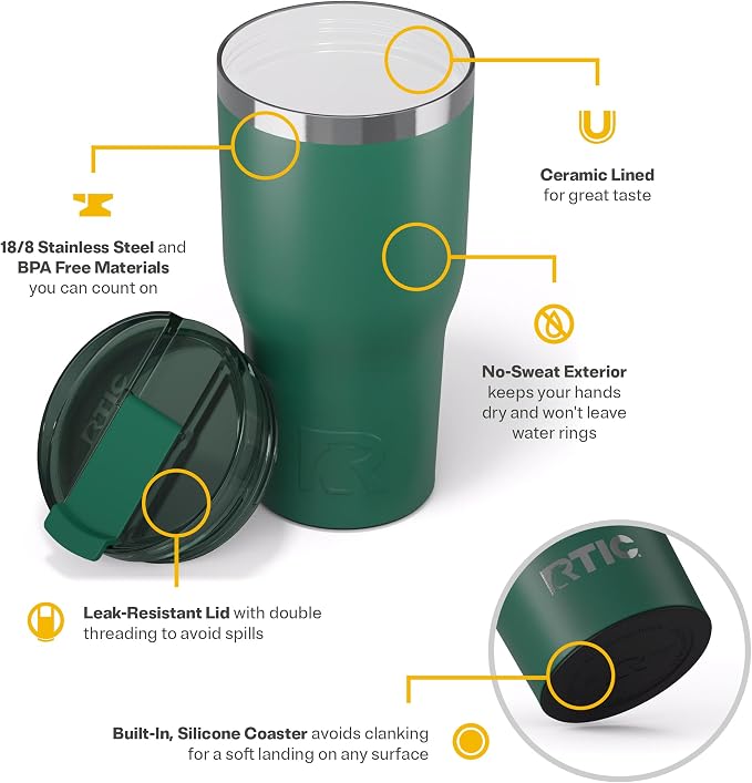 RTIC 30oz Essential Tumbler with Lid, Ceramic Lined, Pine Tree | Insulated, Stainless Steel Metal, Portable Travel Cup for Hot and Cold Drinks, Coffee, Car, Camping and Travel