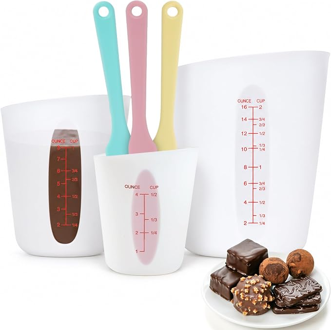 Food-Grade Silicone Chocolate Melting Cup Set with 3Pcs BPA Free Silicone Measuring Cups (1/2Cup/1Cup/2Cup) and 3Pcs Heat-Resistant Jar Spatulas, Non-Stick Baking Supplies for DIY Chocolate