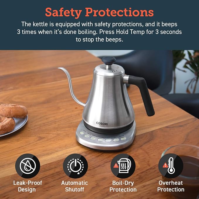 Cosori Gooseneck Electric Kettle with Temperature Control, 0.8L, Silver | No Plastic Contact with Water, 5 Presets, 60-Min Keep Warm, Pour Over Coffee & Tea, Stainless Steel Interior, 1200W