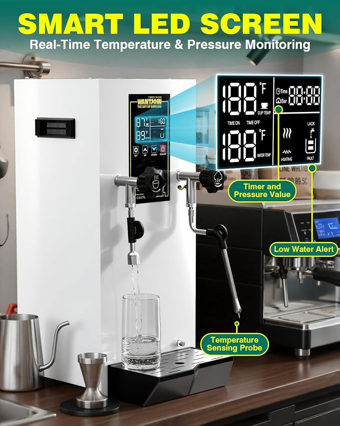 WantJoin Commercial Milk Frother - 1800W Milk Steamer, Hot Water Dispenser, Beverage Heater for Latte, Cappuccino, Coffee, Milk Tea, LED Display, Hotel Use