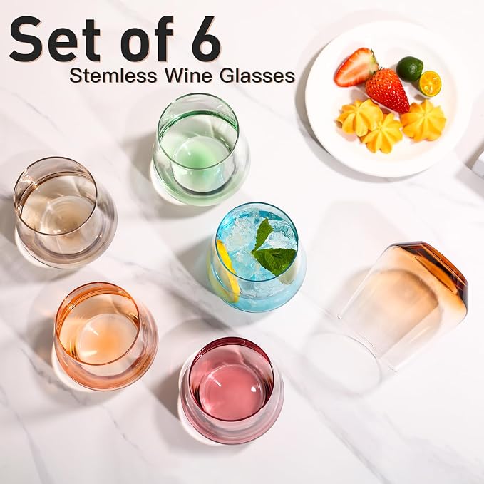 JOVGANK Colored Stemless Wine Glasses Set of 6 - Hand Blown White Red Stemless Wine Glass - 17 oz, [Lead-Free Crystal Glass] Large Short Glass Tumblers, Gift for Housewarming and Mother's Day
