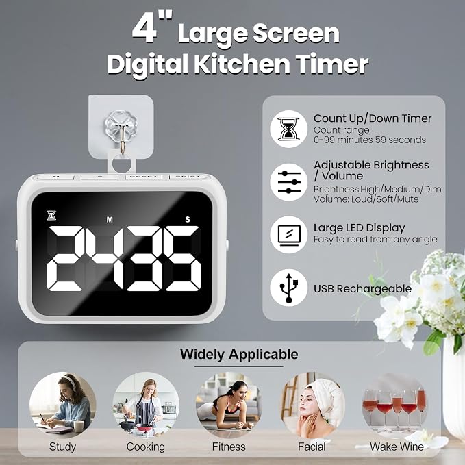 USB Rechargeable Loud Digital Kitchen Timer with Large LCD Display & Adjustable Loud Alarm - Ideal Magnetic Timer for Desk or Kitchen