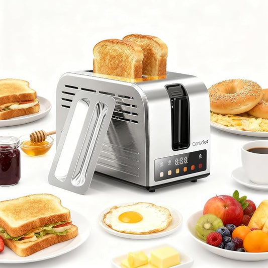 Consciot Smart Touch Screen 2 Slice Toasters with 6 Browning Levels, Timer | Reheat/Defrost/Cancel, Extra-Wide Slots, Removable Crumb Tray, Auto Pop-up & Anti Jam, Peak 925W, Full Stainless Steel Body