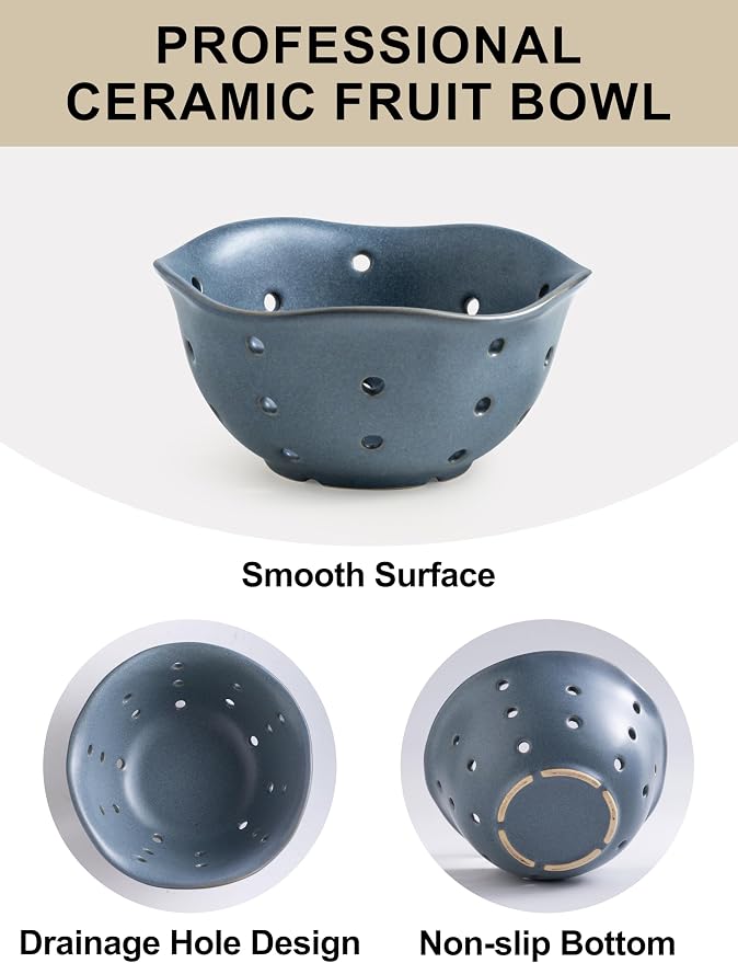 Gomakren Ceramic Berry Basket Set of 2, Elegant Fruit Bowl with Holes for Kitchen Counter, 6 Inch, Berries, Strawberry, Grape, Cherry, Floral Shape, Slate Blue, Dishwasher Safe