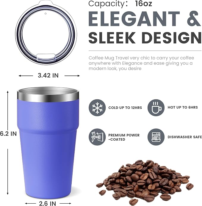 MEWAY 16oz Tumbler Double Wall Vacuum Insulated Travel Mug Bulk, Stainless Steel Tumblers with Lid, Powder Coated Coffee Cups for Cold & Hot Drinks (Purple,12 Pack)