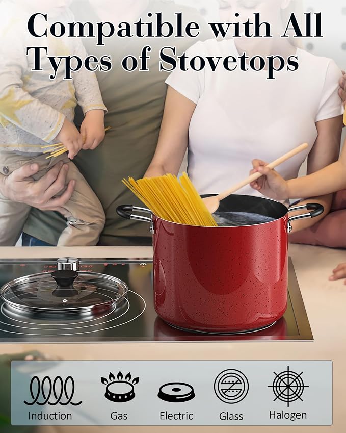 Cook N Home 6 Quart Non Stick Stock Pot with Lid, Large Pots for Cooking | Nonstick Soup Pot, Stockpot Induction Cookware - Oven & Dishwasher Safe, Marble Red