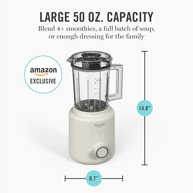 Martha Stewart 50oz Countertop Blender, 3 Speeds, 5 Presets, Linen Cream | BPA-Free Pitcher, Smoothies, Margaritas, Milkshakes & Ice Crushing, Stainless Steel Blades, Auto-Clean, Dishwasher-Safe Parts