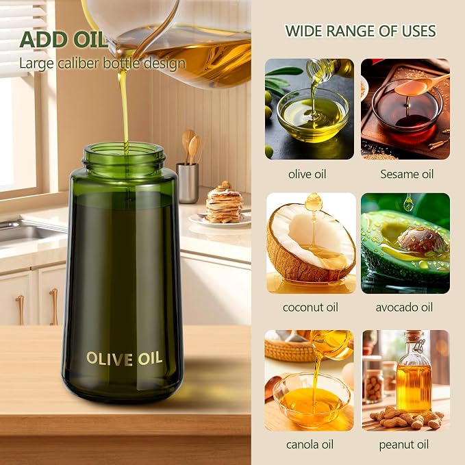 Glass Olive Oil Sprayer for Cooking 7.6 oz (Olive Green Bottle) | Oil Mister, Kitchen Refillable Continuous Oil Spray Bottle for Air Fryer, Portion Control, Leak Proof