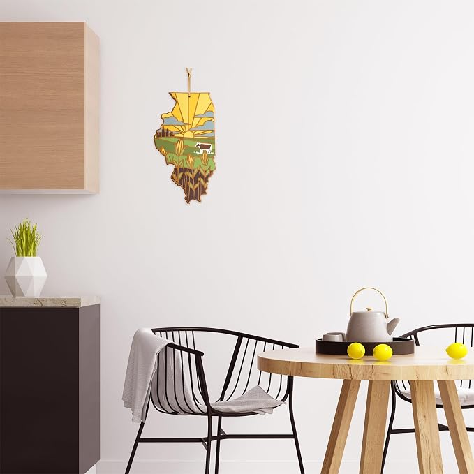Totally Bamboo Illinois State Shaped Cutting Board, Summer Stokes Art | State charcuterie board with colorful hand-drawn landscape art. Smooth reverse side for food prep. Hang tie for wall display.