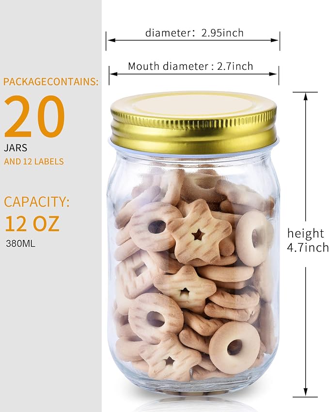 12oz Glass Jars With Lids Regular Mouth 20 Pack -Mason Jars 12 oz For Crafts, Meal Prep, Canning Jars For Food Storage Frascos De Vidrio Con Tapa Para Conservas-with 20 Chalkboard Stickers-Gold Lid | Regular mouth canning jars for pickles,meal prep,cra...