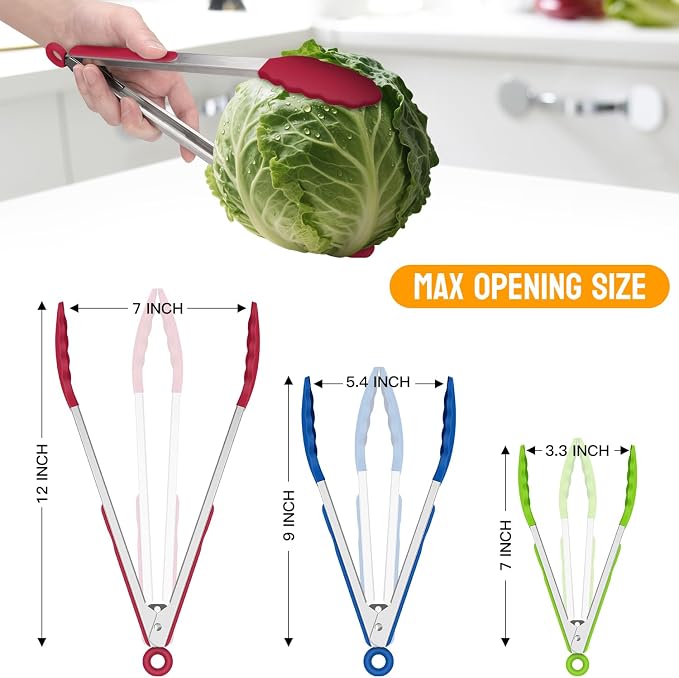 Hotec Premium Stainless Steel Locking Kitchen Tongs with Silicon Tips, Set of 3-7", 9" and 12" multicolor