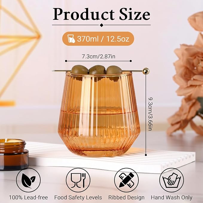 Amber Stemless Wine Glasses Set of 6, 12.5 Oz Lead-Free Ribbed Drinking Glass Cup for Wine, Cocktails, Champagne and Whiskey, Ideal Gifts for Weddings, Bars, Christmas, Halloween,Party, Daily Use