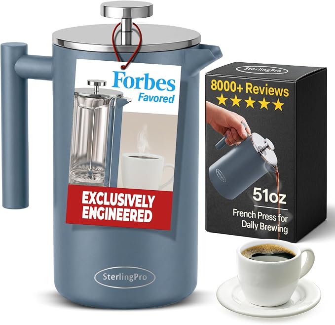 SterlingPro Large Insulated Stainless Steel French Press Coffee Maker 51oz Capacity (44 oz Brew Yield) – Double Wall Metal Coffee Press | Plastic Free | Cool-Touch | Blue Finish | 12 Cups / 6 Mugs