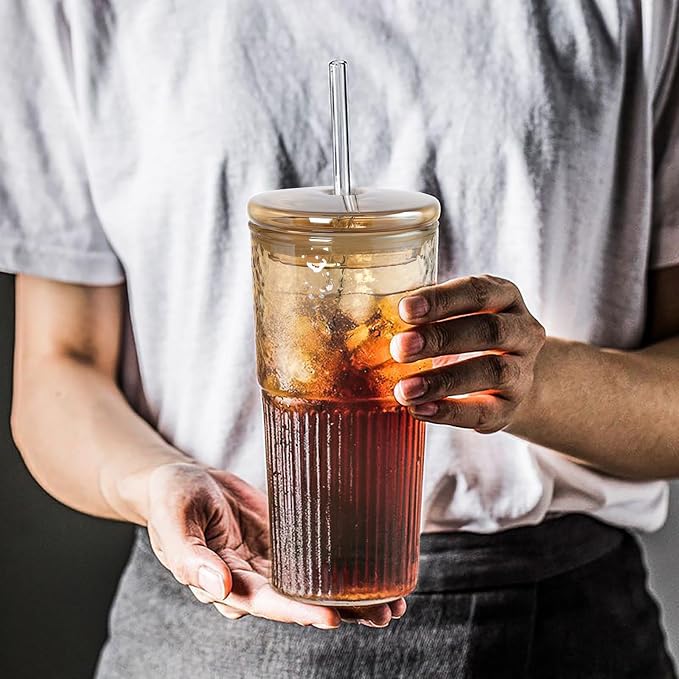 JunVpic Glass Coffee Tumbler, 20 oz Glass Cup with Lid and Straw | Amber glass design, Hammered Texture, reusable straw and lid for iced coffee, tea, smoothies and hot & cold drink