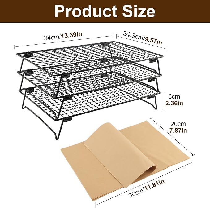3 Pcs Cooling Rack, Stainless Steel Cooling Racks for Cooking and Baking | Bread Cake Cookie Stackable Cooling Racks 10"x13.5", Oven and Dishwasher Safe, 50 Parchment Paper Included