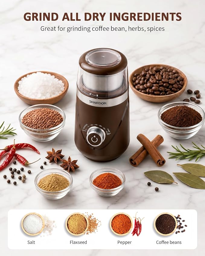 SHARDOR Electric Super Silent Blade Coffee Grinder, Timed Grind Control Rotary Knob, Adjustable Coarse to Fine for Coffee Beans, Spices & Herbs, with 2 Removable Stainless Steel Bowl, Brown
