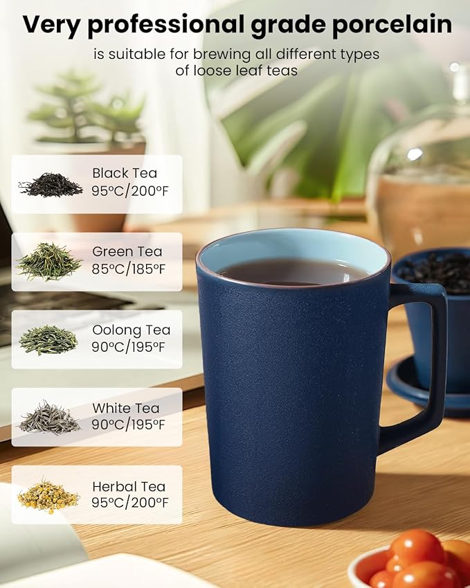 15 oz Ceramic Tea Infuser Cup with Lid - Tea Mug with All Porcelain Strainer for Loose Leaf Teas,Microwave and Dishwasher Safe,Metal-Free,BPA-Free for Tea Lovers/Birthday (Blue)