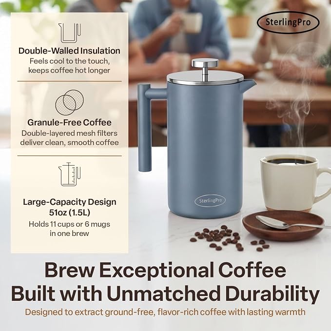SterlingPro Large Insulated Stainless Steel French Press Coffee Maker 51oz Capacity (44 oz Brew Yield) – Double Wall Metal Coffee Press | Plastic Free | Cool-Touch | Blue Finish | 12 Cups / 6 Mugs