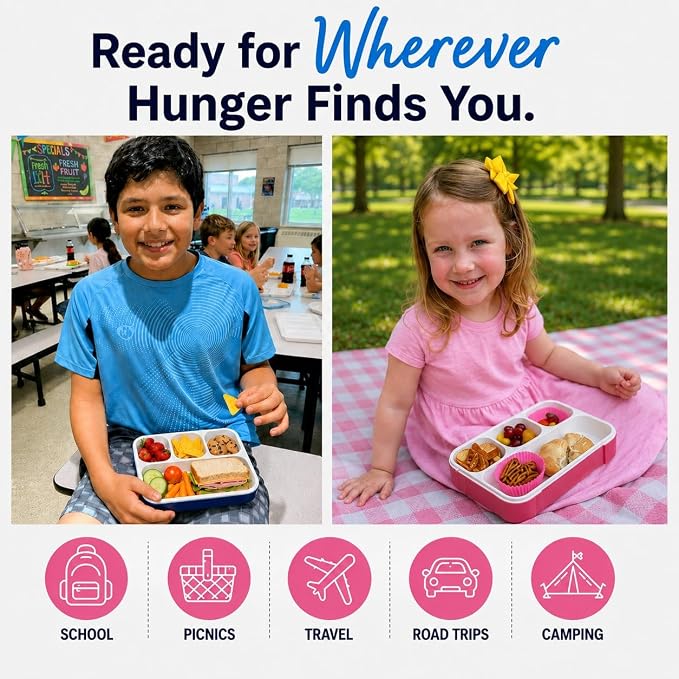 kinsho Bento Lunch Box for Kids Adults, 4 Sealed Divided Compartments, Portion Control Meal or Snack Containers for Boys Girls Women Men, School Work BPA Free with Utensils, Blue + Rose Pink 2 Pack