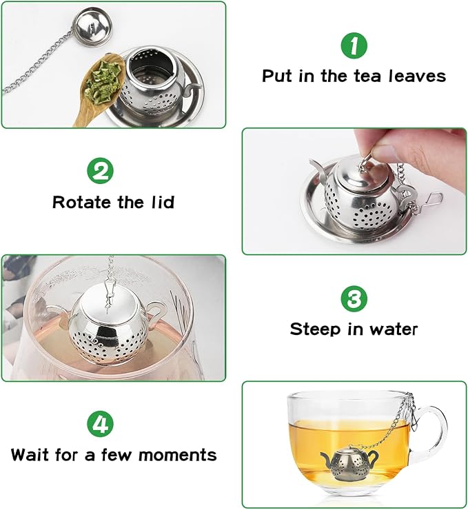 CEYAZYE 12PCS Stainless Steel Tea Infuser, Loose Leaf Tea Ball Strainer | Fine Mesh Teapot Interval Diffuser, Extended Chain Hook and Drip Tray for Brewing Tea Herbs Condiments & Spices