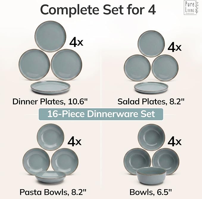 16 Piece Stoneware Dinnerware Set for 4 - Handmade Reactive Glaze Plates and Bowls Set - Chip & Scratch Resistant Dish Set - Dishwasher Microwave Safe - Rustic Smoke Blue