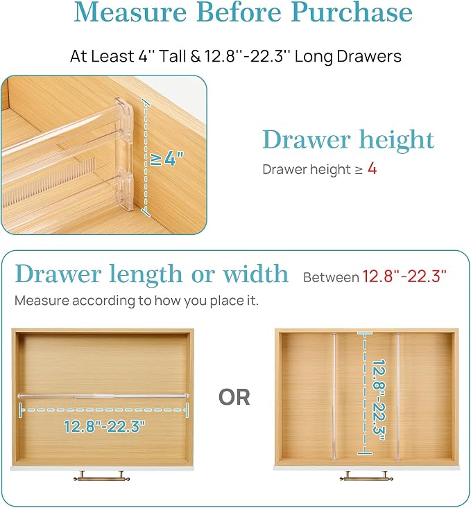 Vtopmart 4" Regular Upgrade Drawer Dividers for Clothes, 12.8"-22.3" 8 Pack | Expandable Dresser Drawer Organizer, Clear Separator, Baby Clothing, Underwear, Cosmetics, Toiletries Storage, Space Saving
