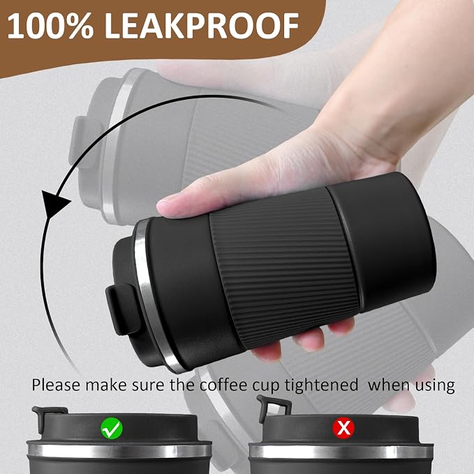 4 Pack Insulated Coffee Mug with Lid 12oz Travel Coffee Tumbler Stainless Steel Reusable Coffee Cups Thermal Coffee Mug for Hot and Iced Cold Drinks, Black