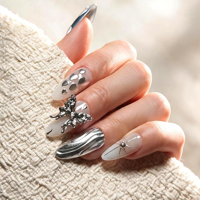6 Packs (144 Pcs) | Reusable Press on Nails | cute nails | 6-Style Bundle | 12 Sizes | Each Style 24 Pcs | Luxury Chrome & 3D
