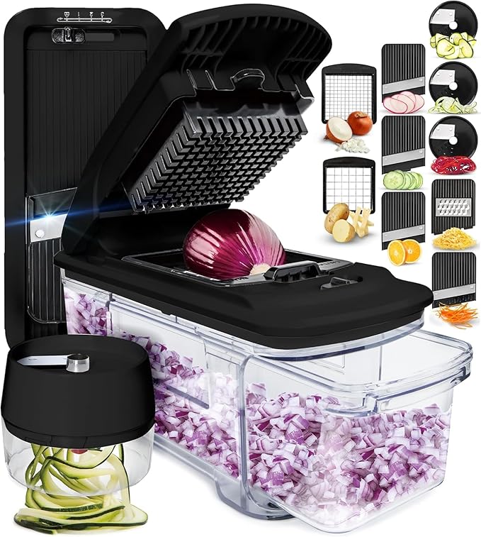 Fullstar Pro XL Vegetable Chopper & Mandoline Slicer w Pull-Out Catch Tray | 6 in 1 Veggie, Onion & Fruit Slicer, Dicer & Grater with Sharp Stainless Steel Blades - XL Food Prep Set (Black)
